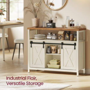 Buffet, Armoire de Rangement, Coin avec 2 Portes Coulissantes Style Grange, Étagères Réglables