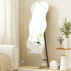 Miroir Pleine Longueur 64" x 21", Miroir Corporel Sans Cadre à Vagues Irrégulières avec Base en Bois de Pin pour Chambre, Salon, à Poser au Sol ou Appuyé contre le Mur, Noir