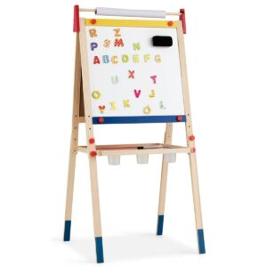 Chevalet 3 en 1 pour enfants, Tableau noir et tableau blanc réglable double face, Chevalet d'art vertical, Cadre en bois massif, Chevalet en bois pour tout-petits, avec rouleau de papier, 2 craies audacieuses et autres accessoires pour garçons et filles