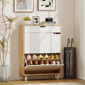 Armoire à Chaussures Étroite, Meuble de Rangement avec 2 Tiroirs Rabattables, Tiroir Supérieur et Étagères Réglables pour 12 Paires de Chaussures, pour Entrée, Couloir et Salon, Blanc