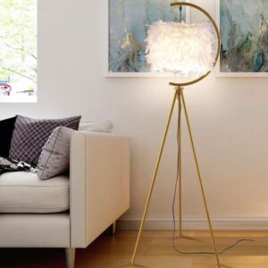 Lampe sur pied moderne à plumes avec trépied, lampe réglable 3 couleurs, cadre métallique doré avec crochet suspendu pour décoration de plantes, éclairage bohème élégant pour salon et chambre
