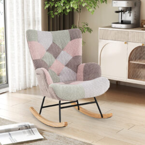 Fauteuil à Bascule, Tissu Bouclé avec Dossier Ergonomique Haut, Pieds en Bois de Caoutchouc et Poche Latérale, Fauteuil d'Accent Moderne pour Chambre d'Enfant, Salon, Chambre, Bureau