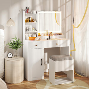 Étagère de Maquillage avec Miroir Éclairé, Table de Toilette avec Station de Charge, Tiroirs, Étagères Ouvertes, Porte-Sèche-Cheveux et Tabouret de Rangement