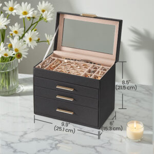 Boîte à bijoux avec couvercle en verre, organisateur de bijoux à 4 niveaux, couleur graphite noir et or