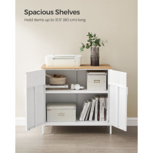 Buffet de rangement avec étagères réglables, armoire de sol, cadre en acier, finition naturelle et blanche