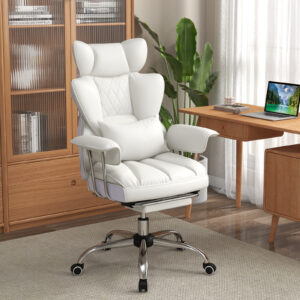 Chaise de Bureau Grande Taille 400 LBS, Chaise de Direction avec Repose-Pieds Rétractable, Hauteur Réglable, Fonction Inclinable, Support Lombaire, Chaise Ergonomique à Dossier Haut, Chaise d'Ordinateur en Simili Cuir, Blanche