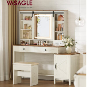 Coiffeuse avec Miroir et Lumières, Coiffeuse Style Ferme avec Tabouret, Station de Chargement, 2 Tiroirs, Rangement pour Bijoux, pour Chambre, Blanc Rustique et Brun Miel