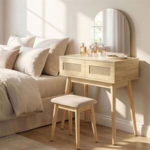 Coiffeuse avec miroir arqué, coiffeuse de Cosmétique compacte et moderne avec 2 tiroirs, table de toilette pour chambre à coucher, bois naturel