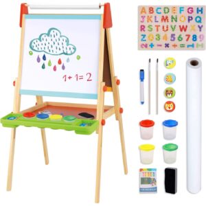 Chevalet en Bois pour Enfants - Support à Hauteur Réglable avec Tableau Blanc Magnétique, Tableau Noir, Rouleau de Papier, Aimants, Accessoires de Dessin et Peinture ; Jouet d'Art et d'Artisanat pour 3 Ans et Plus