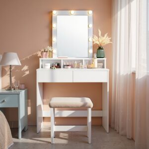 Table de Maquillage Moderne Blanche avec Miroir et Lumières - Table de Coiffeuse Réglable avec 9 Ampoules, Largeur de 31,5 Pouces, 2 Tiroirs et 3 Compartiments de Rangement, Montable au Mur pour Chambre
