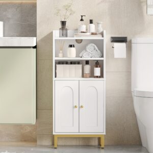 Armoire de Salle de Bain, Petit Meuble de Sol à 2 Portes et Étagères, Rangement pour Papier Toilette, Organisateur de Salle de Bain avec Étagère Réglable, pour Petits Espaces, Blanc