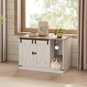 Armoire à Litière Cachée pour Chat - Maison à Litière Fermée -Odeurs avec Zone Recouverte de Tapis, Griffoir et Clochette, Armoire à Porte de Grange Robustes, Meuble pour Chat Style Ferme pour Couloir/Chambre, Rustique (Panneau de Particules)