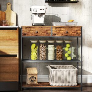 Table d'entrée étroite moderne avec 2 tiroirs en tissu et rangement à 3 niveaux - Table de salon d'entrée marron rustique et noir encre, mobilier de couloir peu encombrant avec construction en bois franc/MDF, assemblage facile, 9.45x29.92x31.5 pouces pour salon, couloir