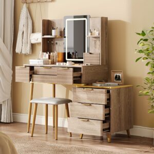 Coiffeuse 7 tiroirs avec miroir LED et table de maquillage sculptée - Table de maquillage autoportante avec tabouret en PU, rangement pour bijoux, montage facile - Meuble de chambre moderne (Non en bois)