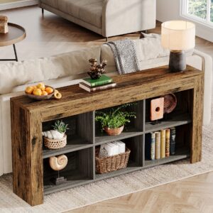 Table Console Longue de 63 Pouces, Table d'Entrée en Bois Rustique avec 6 Cubes de Rangement, Table Étroite Industrielle pour Salon ou Couloir derrière le Canapé