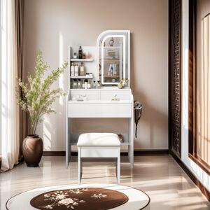 Table de toilette de chambre à coucher, table de toilette de conception intégrée haut de gamme adaptée aux petits appartements, petite table de toilette blanche avec tabouret, table de toilette multifonctionnelle pour chambre à coucher, table de toilette de cabinet pour placer les cosmétiques.