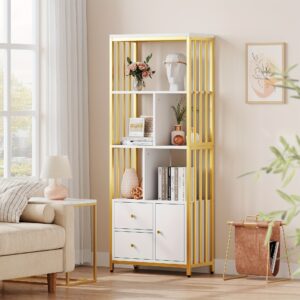 Cabihome 62.87 Pouces Haute Étagère À Livres, 5 Couches de Sol À Plafond Avec Portes, Cadre En Métal Avec Espace de Rangement Ouvert, Facile À Assembler, Adapté Pour Salon, Chambre À Coucher, Bureau, Cuisine (Or)