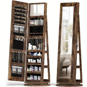 Meuble à bijoux rotatif à 360° Soges, armoire à bijoux sécurisée avec miroir intégral, organisateur de bijoux autoportant avec étagères, armoires à bijoux