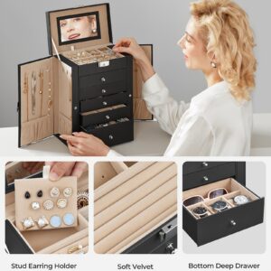 Boîte à Bijoux Étages avec Miroir, Coffret à Bijoux avec 5 Tiroirs, Grande Capacité de Stockage, Verrouillable, Organisateur de Bijoux, Cadeau pour Êtres Chers, Montres Incluses, Noir
