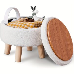 Fauteuil de rangement, pied de repos rond moderne avec siège rembourré doux, tabouret de pied en velours Teddy avec pieds en bois, petit bureau d'accent ou support de plante pour le couloir, le salon