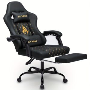 Fauteuil de Gaming Ergonomique avec Repose-Pieds - Chaise de Bureau Pivotante et Réglable pour PC et Bureau, Fauteuil de Bureau en Cuir PU avec Support Lombaire, Mousse à Mémoire et Repose-Pieds - Robuste (Gris)