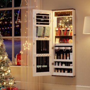 Armoire à Bijoux Murale Grande Taille pour Femmes avec Miroir Pleine Longueur et Système de Verrouillage - Miroir de Vanité Intégré en Bois Rose, Organisateur de Stockage Grande Capacité, Cadeau de Mariage/Anniversaire/Mariée, Commode Gain de Place pour Colliers, Armoires à Bijoux