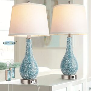 Ensemble de 2 lampes de table bleues pour chambre, lampe de chevet moderne avec ports USB A+C, 26" lampe de nuit côtière grande avec abat-jour blanc, lampes de salon pour la décoration intérieure, ampoule LED incluse