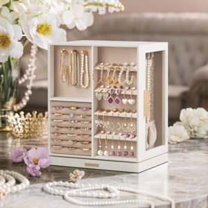 Boîte à Bijoux Rotative 360°, Coffret de Rangement avec 5 Tiroirs, Blanc Nuage, Organisateur de Vanité, Élégant et Minimaliste, Bois Recyclé, Construction Durable, Porte-Bijoux Compact, Pour Amateurs de Bijoux