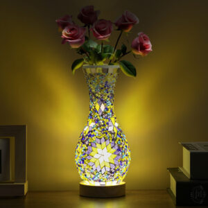 Lampe de table en mosaïque turque marocaine artisanale - Lampe de table alimentée par USB avec base en bois, vase en verre coloré, éclairage contrôlé par bouton pour la décoration de la chambre et du salon, style Art déco, aucune pile nécessaire, lampe de salon, éclairage décoratif, conception artistique, construction durable, décorateurs de maison