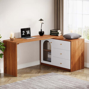 Bureau d'ordinateur extensible en forme de L avec armoire de classement - Bureau de bureau à domicile peu encombrant, construction robuste en bois d'ingénierie, table d'écriture extensible, assemblage facile, pour petits espaces, bureau ou espace de travail professionnel - Marron moderne