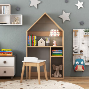 Ensemble de table et chaise en forme de maison pour enfants, armoire organisatrice de jouets pour enfants 2 en 1 avec un stockage abondant et un tableau noir supplémentaire, système anti-renversement, bureau et chaise en bois pour le dessin, la lecture, cadeau pour les garçons et les filles
