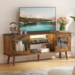 Meuble TV moderne avec lumières LED et armoires de rangement - Meuble TV de 47 pouces avec étagères réglables, banc TV robuste et peu encombrant pour salon, marron