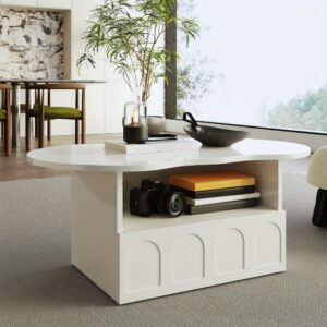 Table Basse Moderne Cloud de 39,5 Pouces avec Rangement - Table Centrale Compacte pour Salon, Appartement - Tiroirs Courbés et Étagères Ouvertes, Mécanisme à Pousser, Table en Bois